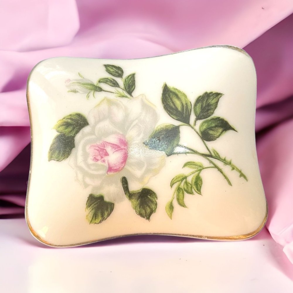 Vintage White Rose Floral Porcelain Jewelry, Trinket Box